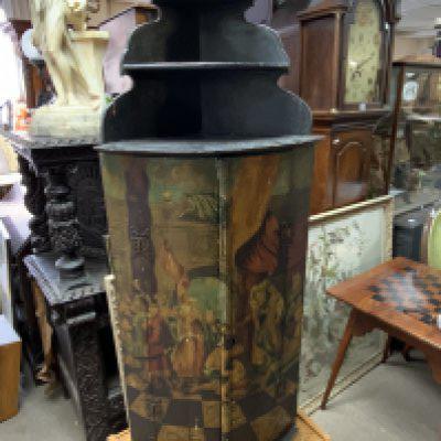 A Georgian painted pine corner cupboard with figures in classical dress, the two doors enclosing shaped shelves. Possibly depicting the death of Julius Caesar. 133cm x 32cm