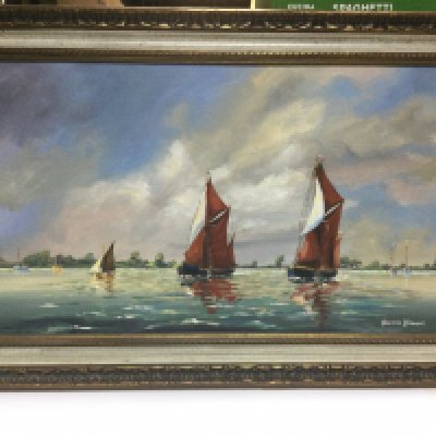 Three Howard Brooke oils on canvas of sailing boats, largest approx 90cm x 55cm. Shipping category D.- NO RESERVE