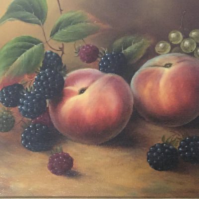 A framed still life oil painting study of fruit signed by J F Smith two 19th century prints a view of Liverpool and Manchester and one other still life oil painting. (4)