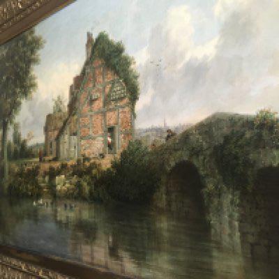 A unframed oil on canvas depicting cattle within a stream. Signed Davies . Together with a unframed Solider in armour and a framed oil on canvas house by a river with figures.