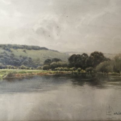 A framed watercolour rural scene across a lake signed Hamilton Chapman 1904. 73x57cm