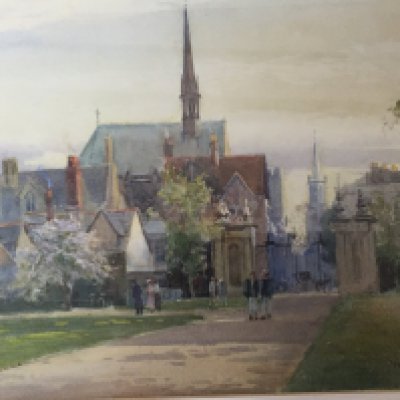 A framed watercolour a study of a Collage possible the gates of Trinity Collage Oxford. Signed W Morrison. 74x48cm