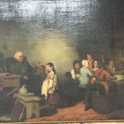 A mid 19th century oil painting on canvas depicting school children in an interior Indistinctly signed and dated 1848. Canvas relined. 51x69cm