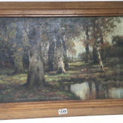 A framed Dutch 20th Century oil painting on canvas study of a wooded landscape in an oak frame Indistinctly signed. 65x57cm