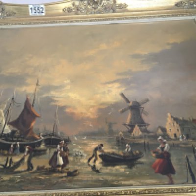 A gilt framed oil on board Dutch sea view with figures and windmills beyond.48cm x 40 cm . Signed Gudrun Sibbons .