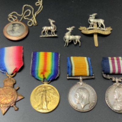 A Bravery in the Field & Great War medal group of 4, awarded to Sgt C.H Sylvester 1/7 Royal Warwickshire regiment. T.F. - Military Medal. GV 1st type (265162 Sgt. C.H Sylvester. 1/7 Royal Warwickshire regiment. T.F.) - 1914-15 Star (1705 L Cpl C.H Sylvester R.War R). - British War Medal. Silver issue ( 265162 Sgt C.H Sylvester 1/7 Royal Warwickshire regiment.) - Interallied Victory Medal (265162 Sgt C.H Sylvester 1/7 Royal Warwickshire regiment). Regiment cap badge, 2, photographic locket, 2 additional regiment emblems. (B)