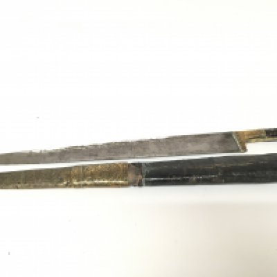 A 19th century Turkish ottoman Yataghan sword with decorated brass fittings and horn handle steel blade length 66cm +