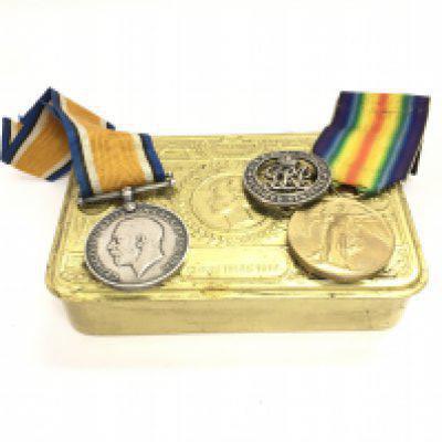 WW1 War and Victory medals presented to PTE.H.WILDE.M.S.L.I., silver war badge together with Princess Mary 1914 gift tin. Postage category B