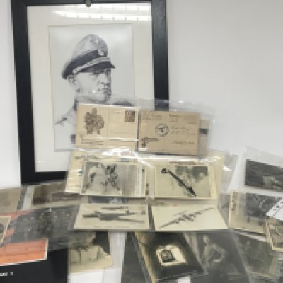 A collection of German First and Second World War Third Reich postcards and memorabilia and a copy Ronald Kray Order of Service and letter (copy)
