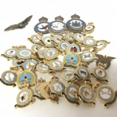 A collection of Royal Air Force enamel badges including three silver badges.