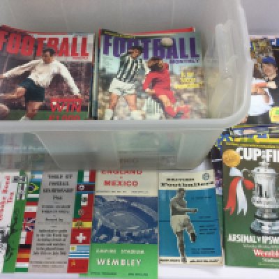 A box of football magazines and programs plus some autographs including Jack Charlton, Stanley Matthews, Malcolm Macdonald and Peter Shilton. Shipping category D.