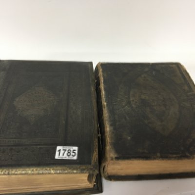 Two large Victorian family bibles one with metal crossing clips and with personal family entries one in Welsh (2)