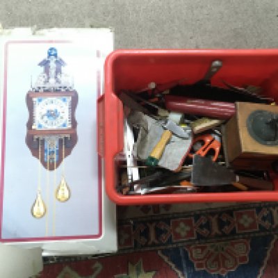 A collection of vintage tools and a boxed Alma wall clock- NO RESERVE