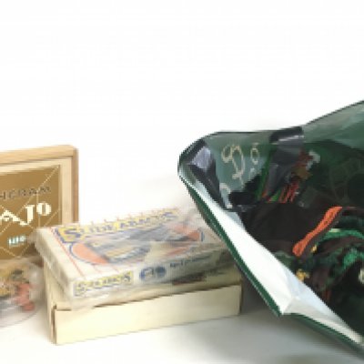 A collection of vintage boxed games including Slide Abacus, Timba, Tangram Bajo, Playworn farm animals and tractors. Postage category C. NO RESERVE