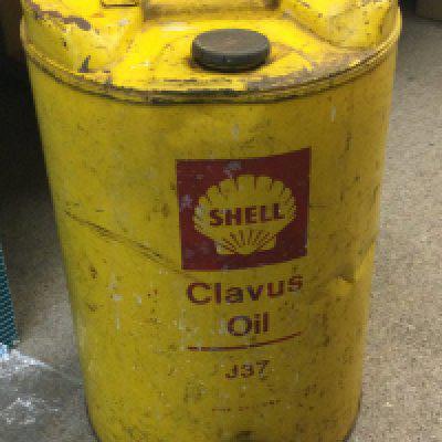 A vintage shell 5 gallon drum, Clavus Oil with tap
