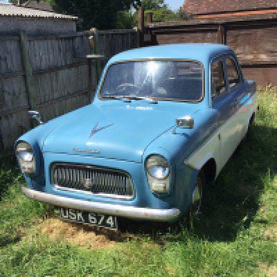 A Ford Prefect Car 107E 1960. Registration USK 674 The car was in use until October 2023. Purchased by the late owner in 2021 fitted with a Cortina engine. Original engine also available and part of the lot. The car has had some refreshing since 2021 receipts are available with some other paperwork. The car seen running sold as seen. Sold with V5 and some other assorted paperwork.