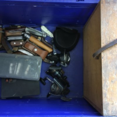 A collection of knives including Opinel, Gustav Emil Eren, George Wostenholm etc and fishing equipment including Daiwa J-13P and Intrepid spinning reels, nets. This lot cannot be posted