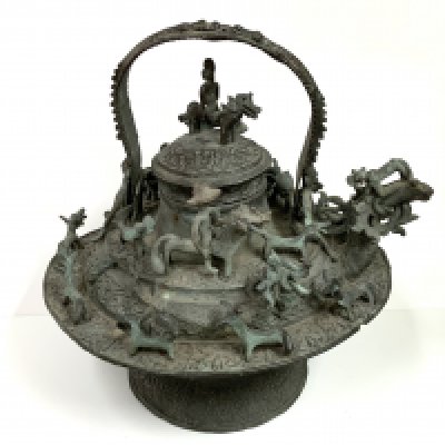 A pair of large 19thC Malay Bronze Ritual Kettles and Covers. (D)