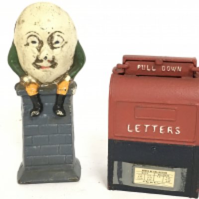 Vintage Cast iron money boxes, Humpty Dumpty and a US letter box. 14 & 10cm tall. Postage category B