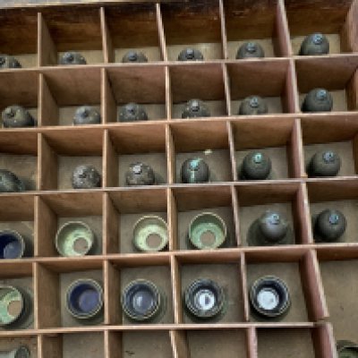 A collection of silver plated epurgnes, cruets, cased silver plated cake stand. (D).