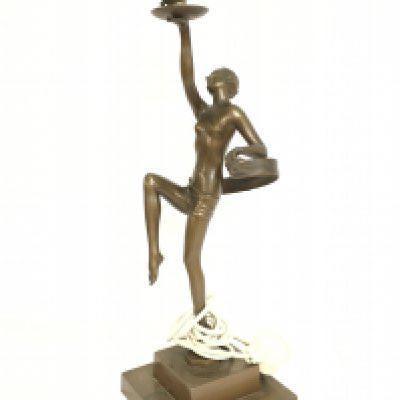 An art deco style bronze nude lady table lamp, 37cm tall. Postage category C