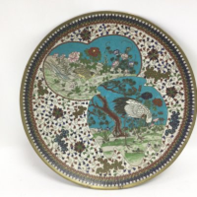 A cloisonne dish depicting a stork and a bird, approx diameter 30cm. Shipping category D.