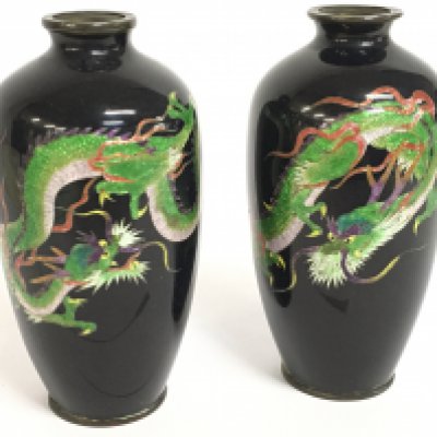 A pair of small 20th Century Japanese Cloisonne vases, 12cm tall. Postage category B