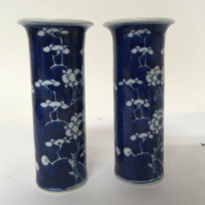 A pair of Chinese Export porcelain blue and white spill vases decorated with Peonies flowers. Height 15cm no obvious damage.
