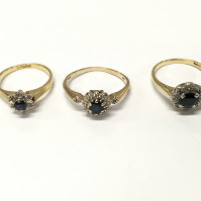 Three 18ct gold sapphire and diamond cluster rings. Sizes K M and N approximately 7.9g