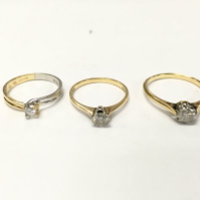Three 18ct gold diamond solitaire rings sizes M 1/2 N and R approximately 7g