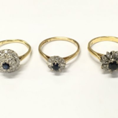 Three 18ct gold diamond and sapphire cluster rings sizes L M and O approximately 11g