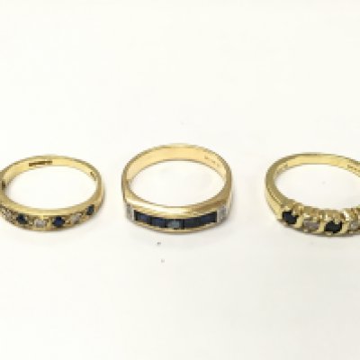 Three 18ct gold diamond and sapphire 1/2 hoop rings sizes J L N approximately 9g