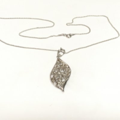 A silver leaf shaped pendant with heart details and suspended on a silver chain. Shipping category A.