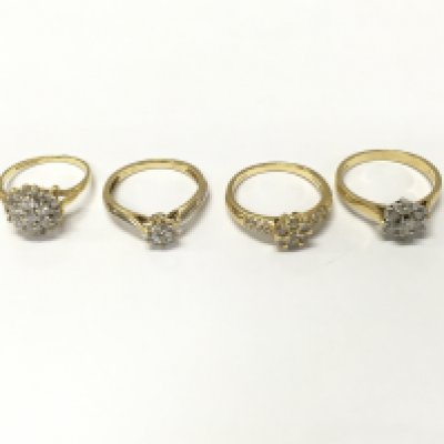 Four 18ct gold diamond cluster rings sizes J1/2 M and N approximately 11.2g