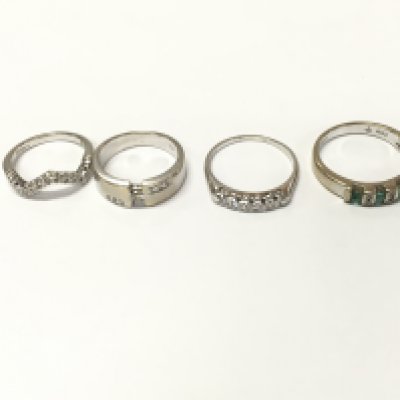 Four 18ct white gold diamond and emerald rings sizes K L Q R approximately 16.5g