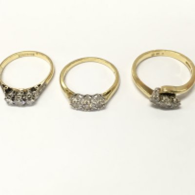 Three 18ct gold diamond three stone rings. Sizes K and N approximately 7.4g