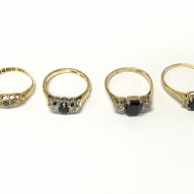 Four 18ct gold diamond and sapphire rings. Size I K L approximately 9.7g