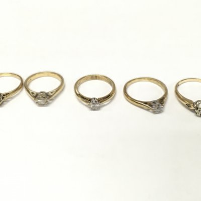 Five 9ct gold diamond solitaire rings. Sizes I K K1/2 M and P approximately 9.7g