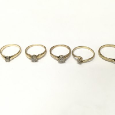 Five 9ct gold diamond solitaire rings. Sizes J J1/2 K M P approximately 7.3g