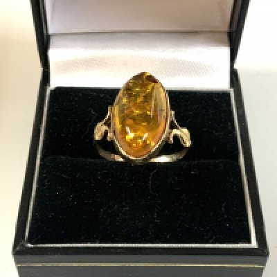 A 9ct gold and amber ring, Size O (A)