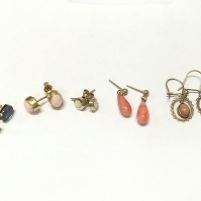 9ct gold Earrings set with various stones including coral , Opal etc. 6.9g total weight . postage category A