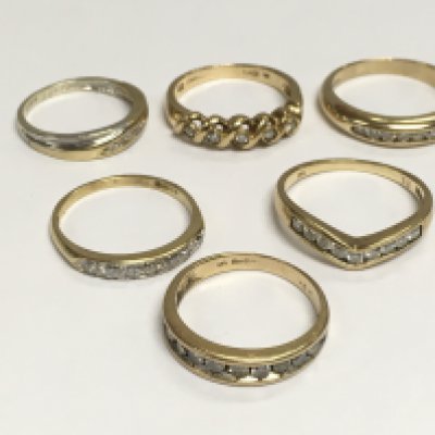 Six 9ct gold, diamond and moissanite half hoop rings, total approx weight 13.7g. Shipping category A.