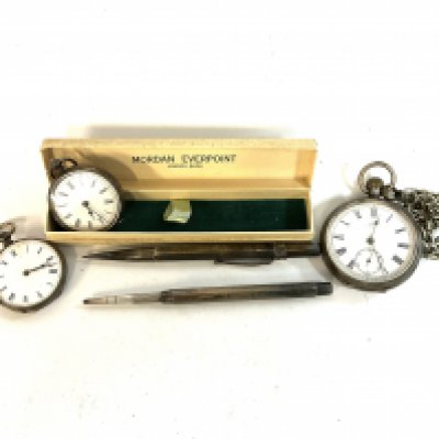 2 sterling silver Morgan pencils together with 3 silver cased pocket watches.