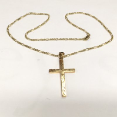 A 9ct gold cross pendant with attached chain, approx 10g. Shipping category A.
