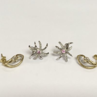 A pair of modern white gold and pink sapphire earrings and one other pair of 9ct gold earrings set with CZs, total approx 4.4g. Shipping category A.