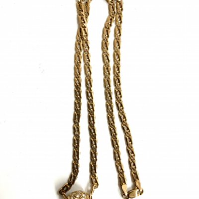a 9ct gold open chain link necklace with stone set ball pendant. (A)