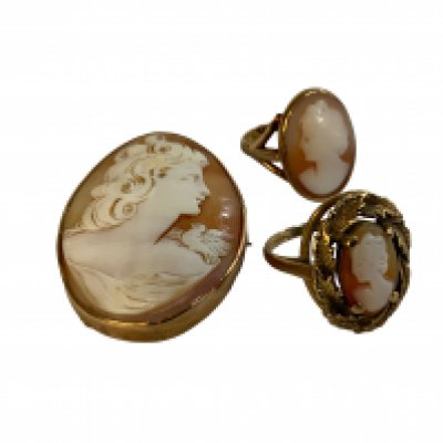 2 9ct gold mounted cameo rings together with a yellow metal mounted cameo brooch. (A)