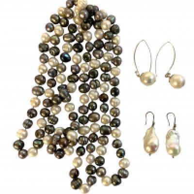 A string of blue and white baroque pearls together with 2 pairs of large baroque pearl earrings.