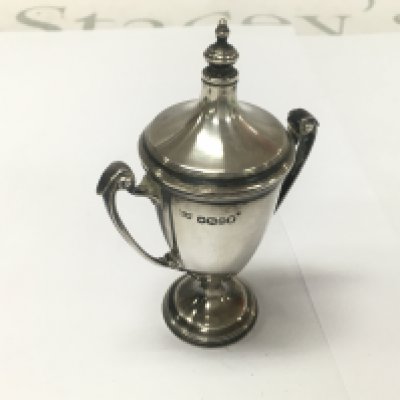 A small silver trophy cup. Approximately 57g and 10cm tall.