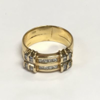 An 18ct gold double band ring set with sixteen diamonds, approx 7g and approx size O-P. Shipping category A.
